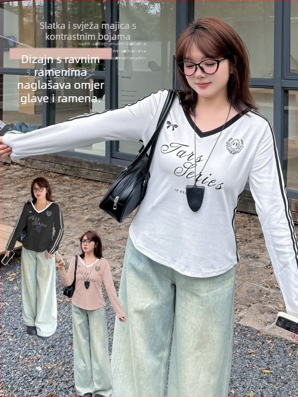 Majica s V izrezom, dugi rukavi, kontrastni tekstualni tisak, stanjivanje struka, pamuk-spandeks mješavina, jesen 2025, japansko-korejski casual stil