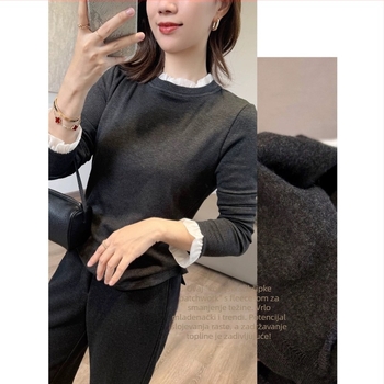 Ženska majica s čipkastim panelom, dugi rukav, polu-visoki ovratnik, poliester, slim fit, elegantan gradski stil