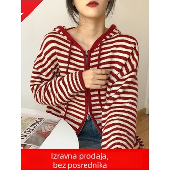 Kardigan s kapuljom i zatvaračem na zip, prugasti pleteni kardigan, poliester, dugi rukavi