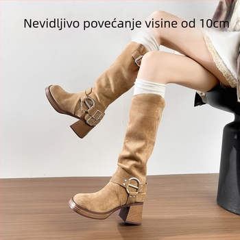 Knight čizme od velura s visokim gornjim dijelom, okrugli vrh, debeli pet, gumasti đon, pamučna uloška, podstava od svinjske kože – jesen 2025