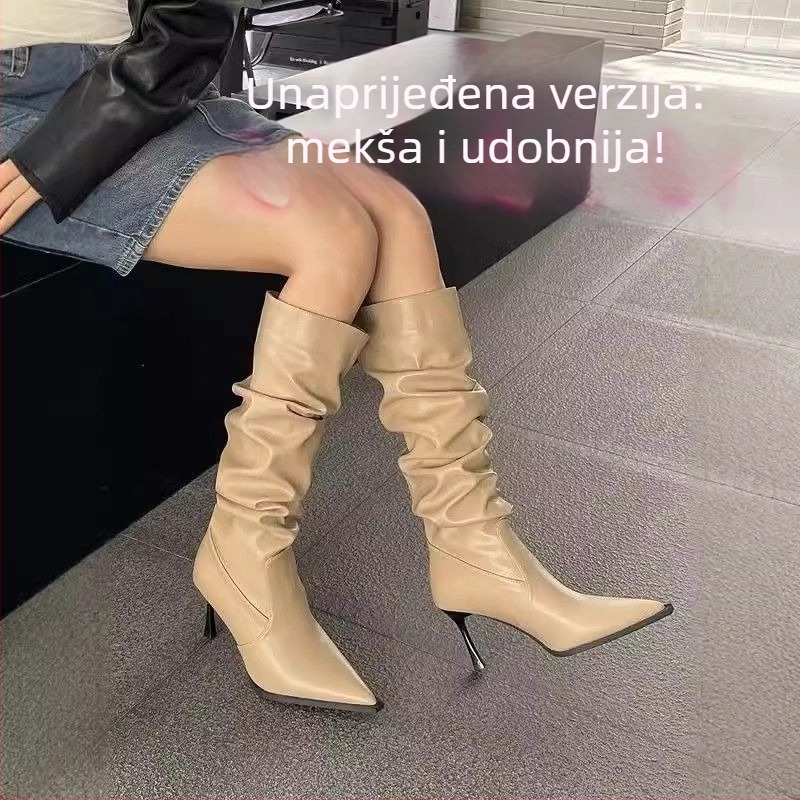 Uske čizme s oštrim vrhom, visokim kanalom do koljena, petom 6–8 cm, PU gornji dio, gumeni đon