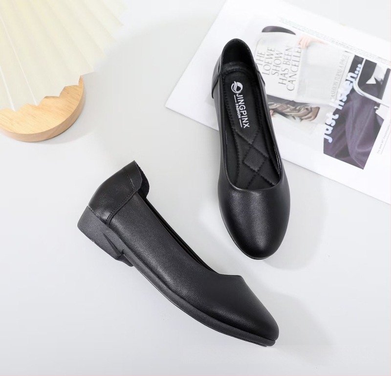 Ženske kožne radne cipele, okrugli vrh, dva sloja teleće kože, niska peta, gumeni đon, slip-on