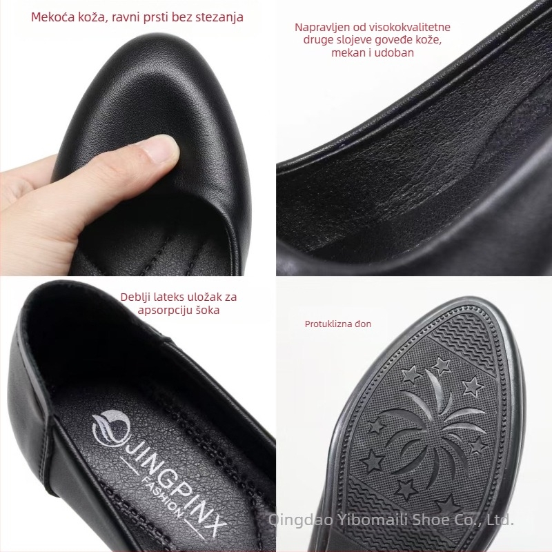 Ženske kožne radne cipele, okrugli vrh, dva sloja teleće kože, niska peta, gumeni đon, slip-on