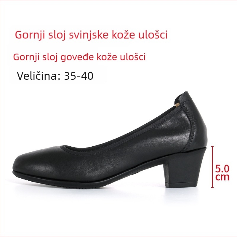 Ženske salonke na petu s okruglim nosom, kožni gornji dio, srednje visoke pete 3–6 cm, gumeni potplat, uredski stil