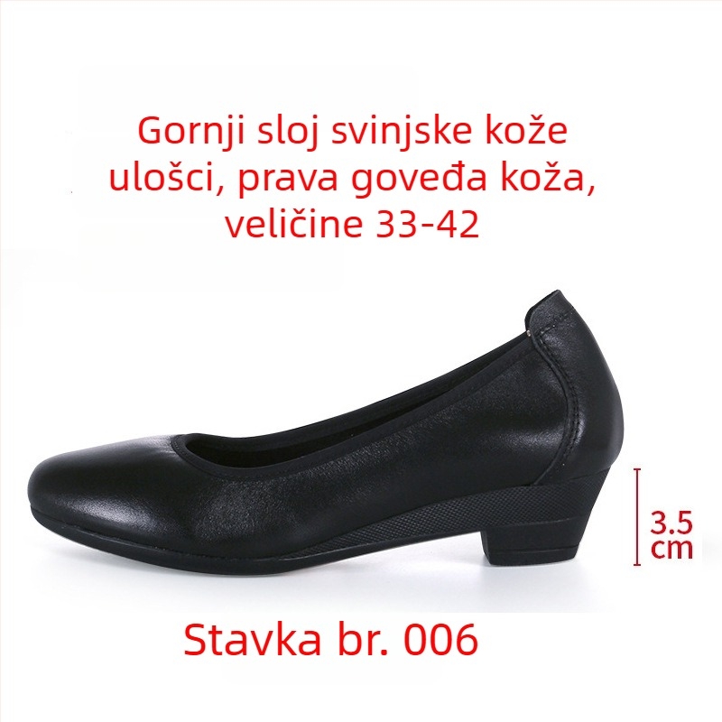 Ženske salonke na petu s okruglim nosom, kožni gornji dio, srednje visoke pete 3–6 cm, gumeni potplat, uredski stil