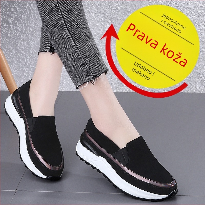 Ženske platforme s debelim potplatom, slip-on, gornji dio od kože krave, okrugli vrh