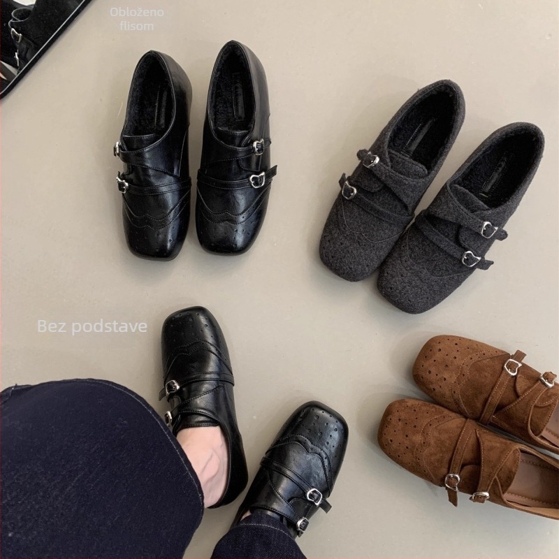 Doudou ženske cipele - Retro stil, četvrtasti vrh, debeli potplat, niski potplat, gumeni potplat, gornji materijal: super vlakno, uložak PU, slip-on