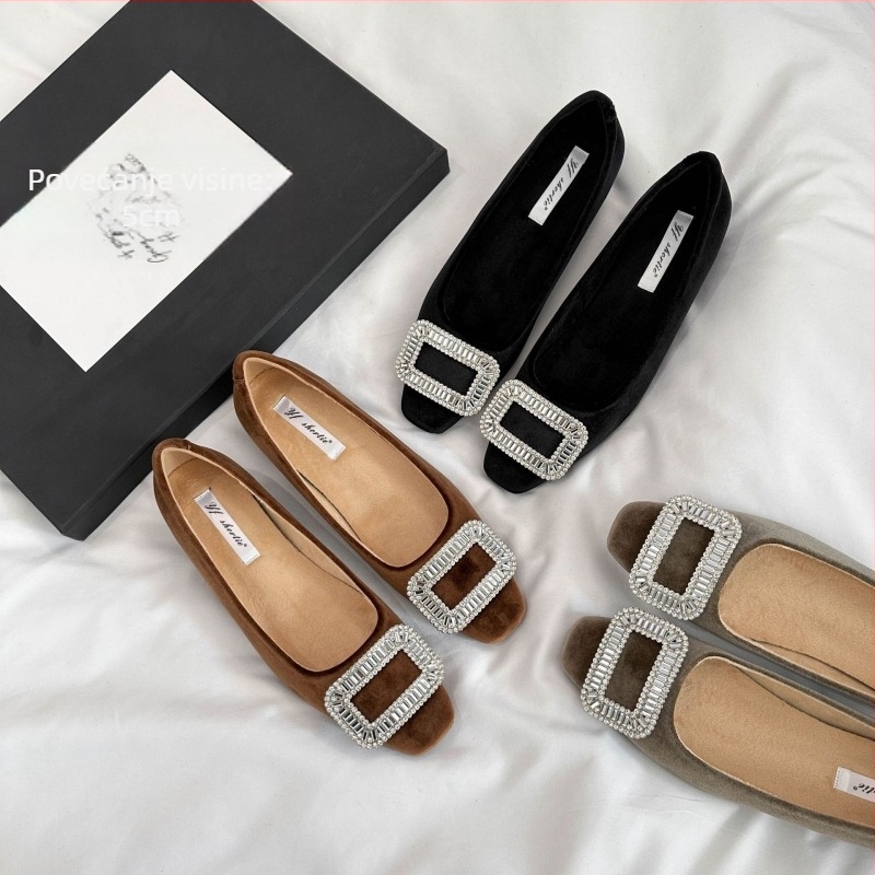 Mary Jane cipele za žene, s povećanjem visine od 5 cm, rhinestones kvadratni kopčom, velur gornji dio, kvadratni vrh, srednje visina peta 3–5 cm