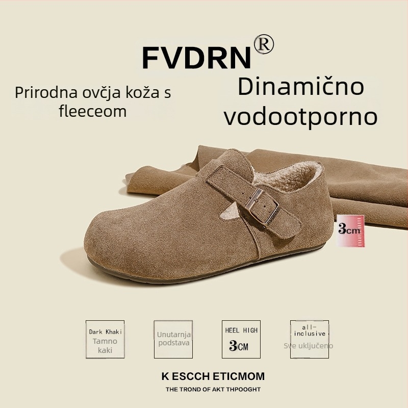 Ženske slip-on cipele – velur koža, ulošak od ovčje kože s integriranom vunom, niski potpetica 1–3 cm