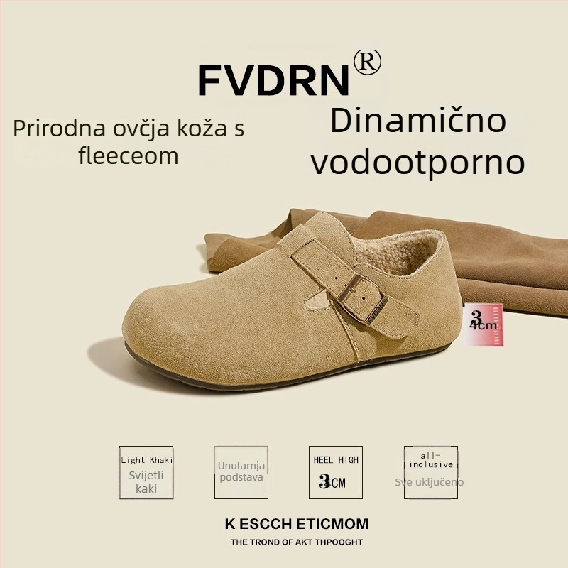 Ženske slip-on cipele – velur koža, ulošak od ovčje kože s integriranom vunom, niski potpetica 1–3 cm