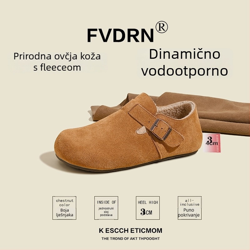 Ženske slip-on cipele – velur koža, ulošak od ovčje kože s integriranom vunom, niski potpetica 1–3 cm