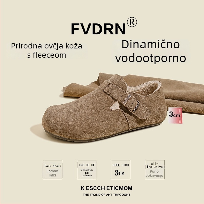 Ženske slip-on cipele – velur koža, ulošak od ovčje kože s integriranom vunom, niski potpetica 1–3 cm
