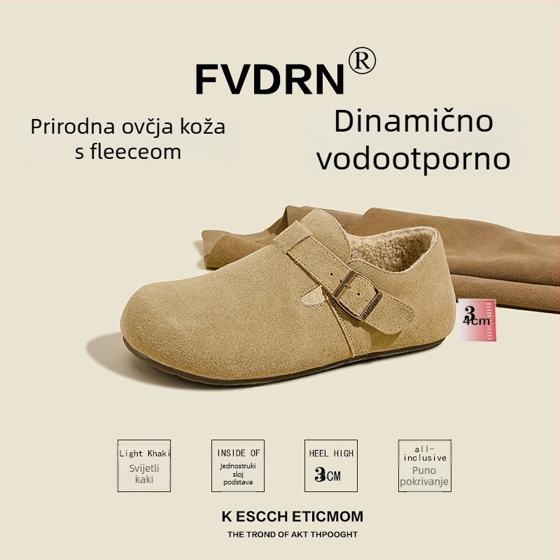 Ženske slip-on cipele – velur koža, ulošak od ovčje kože s integriranom vunom, niski potpetica 1–3 cm