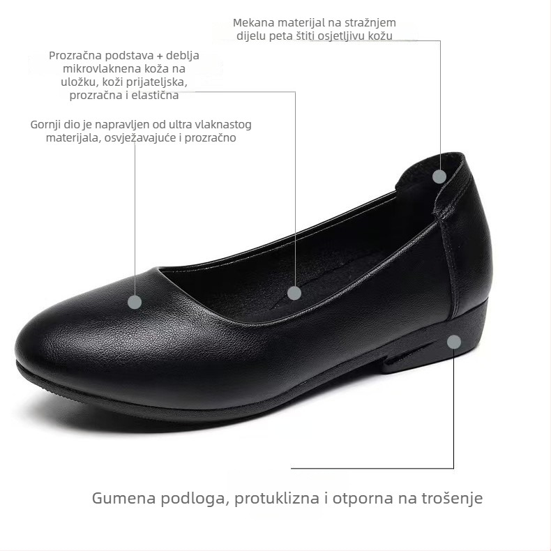 Ženske kožne radne cipele s okruglim vrhom, gornji dio od dvostruke teleće kože, niski debeli potplat, gumeni đon