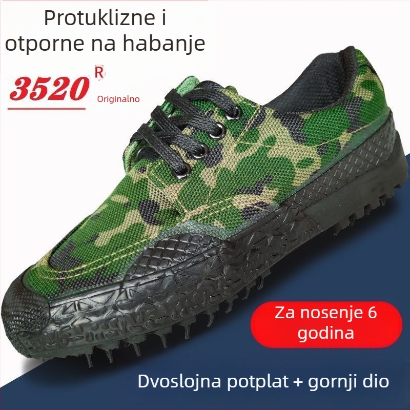 Muške radne tenisice s kamuflažnim platnom, prozračna mrežasta podstava, protuklizna i otporna na habanje vulkanizirana gumena potplat, niski gornji dio, vezanje