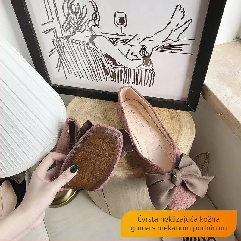 Ženske Mary Jane ravne cipele s mašnicom, mekani potplat, četvrtasti vrh, slip-on, niski potplat 1-3 cm