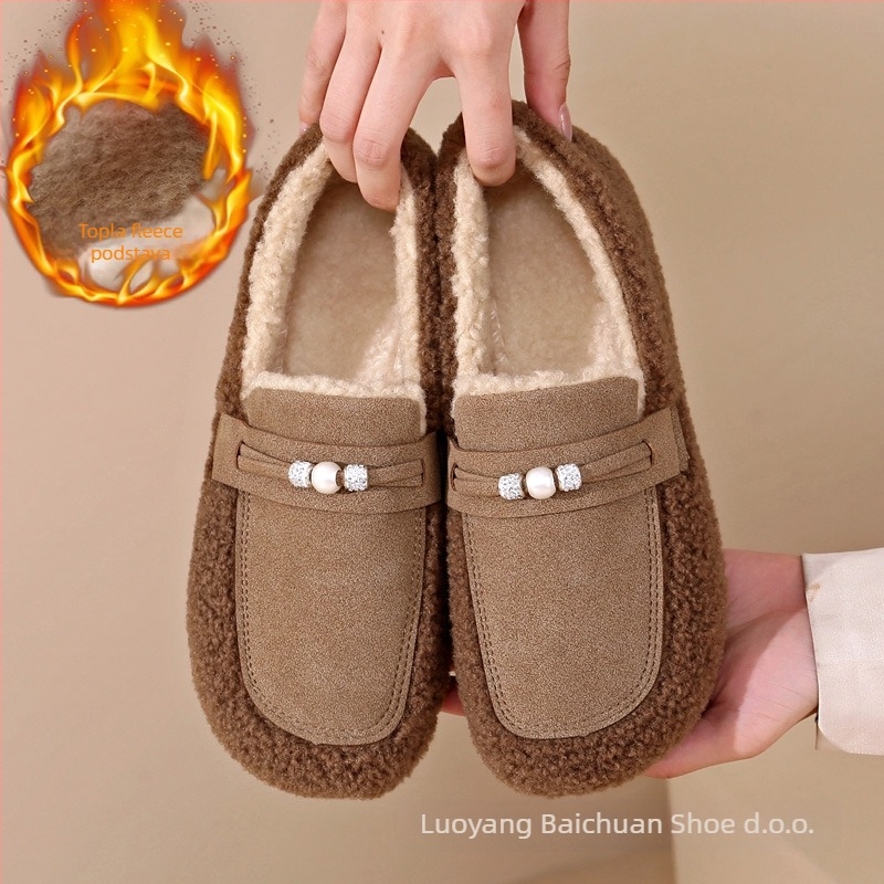 Ženske zimske loaferice od brušene kože s umjetnim krznom, slip-on, niski gležanj, ravni potplat PVC.