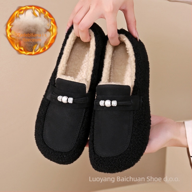 Ženske zimske loaferice od brušene kože s umjetnim krznom, slip-on, niski gležanj, ravni potplat PVC.