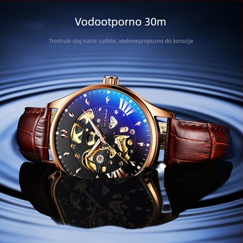 Glen muški mehanički sat, vodootpornost 30 m, kožni remen, kućište od legure, spiralna krunica