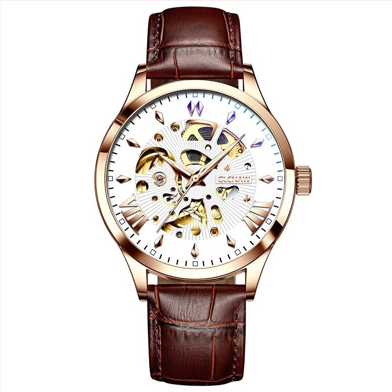 Glen muški mehanički sat, vodootpornost 30 m, kožni remen, kućište od legure, spiralna krunica