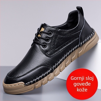 Muške slip-on cipele od prave kože s gumenim đonom, okrugli vrh, niski blok-peta 1–3 cm, frosted završni sloj, ležerni poslovni stil