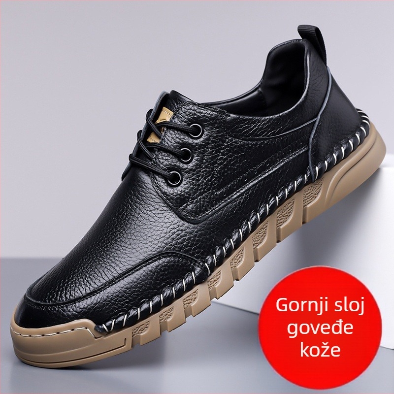 Muške slip-on cipele od prave kože s gumenim đonom, okrugli vrh, niski blok-peta 1–3 cm, frosted završni sloj, ležerni poslovni stil