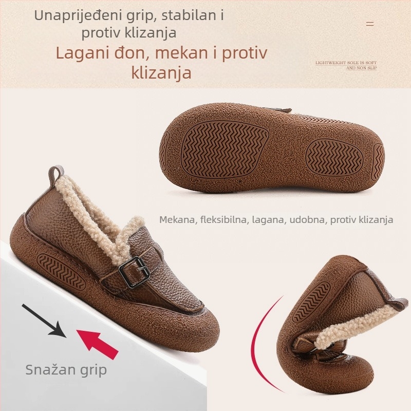 Ženske ravne cipele od prave kože s toplom umjetnom krznom, gornji dio od prvog sloja goveđe kože, potplat od tetive govedine, ručno šivane