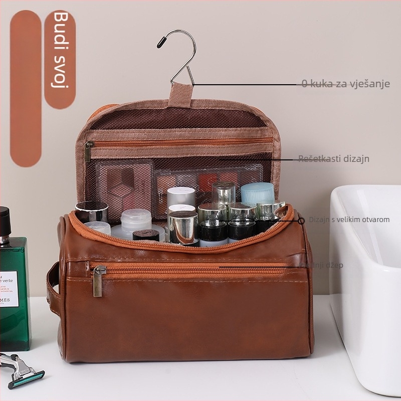 Torba za kozmetiku s kukom za vješanje – PU koža, velika zapremina, vodootporna, podstava od poliestera