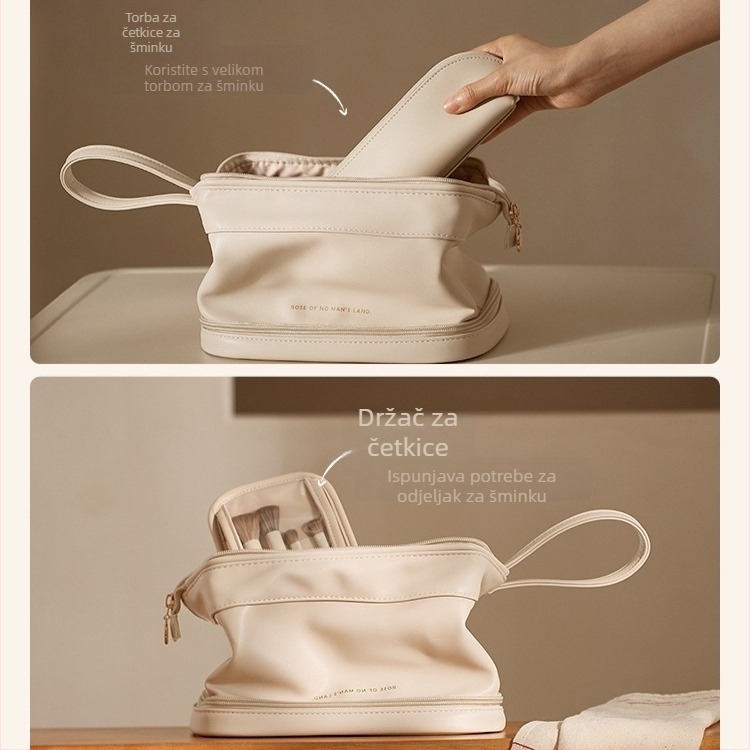 Kozmetička torba za šminku i četkice, koža, kontrastni dizajn, zatvarač, višenamjenska i prenosna