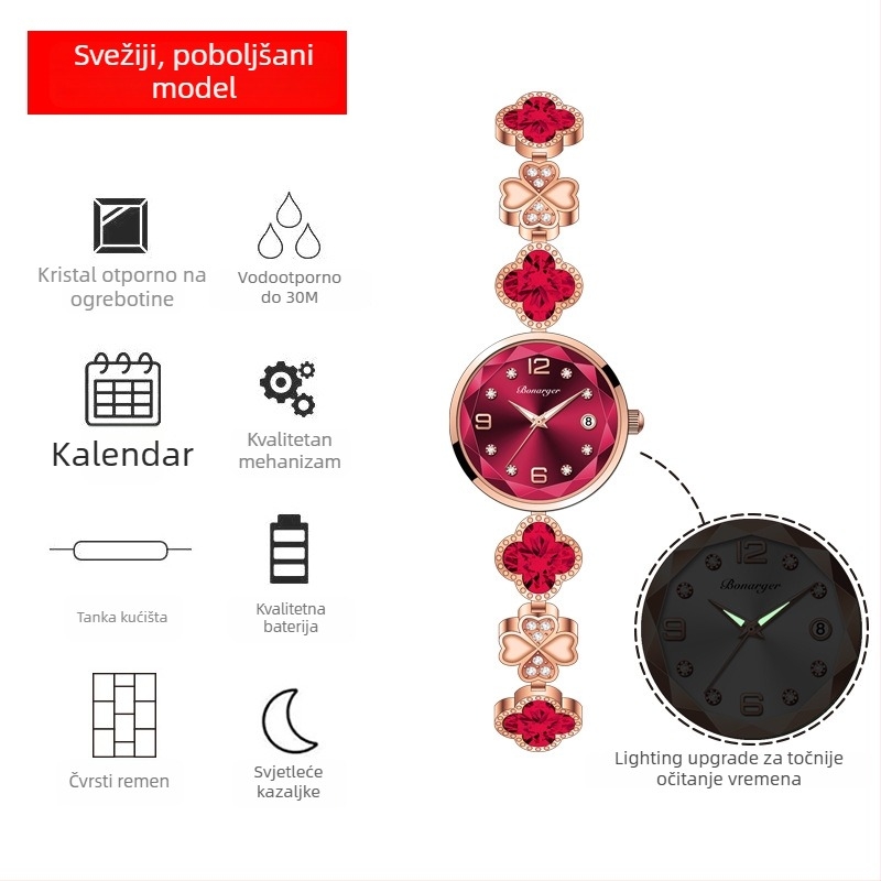 Ženski kvarcni sat s luminescencijom i kalendarom, okruglo kućište od legure, vodootporan do 30 m