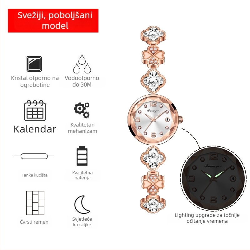 Ženski kvarcni sat s luminescencijom i kalendarom, okruglo kućište od legure, vodootporan do 30 m