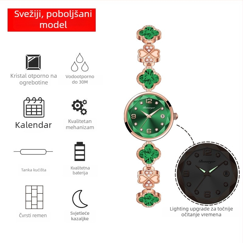 Ženski kvarcni sat s luminescencijom i kalendarom, okruglo kućište od legure, vodootporan do 30 m