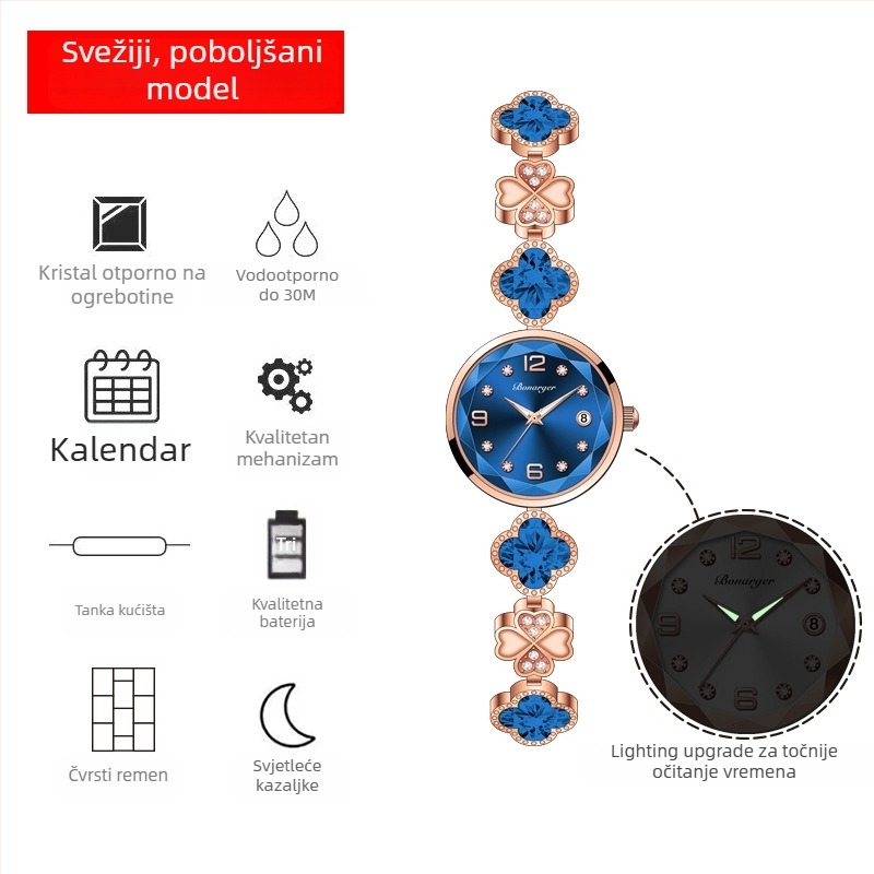 Ženski kvarcni sat s luminescencijom i kalendarom, okruglo kućište od legure, vodootporan do 30 m