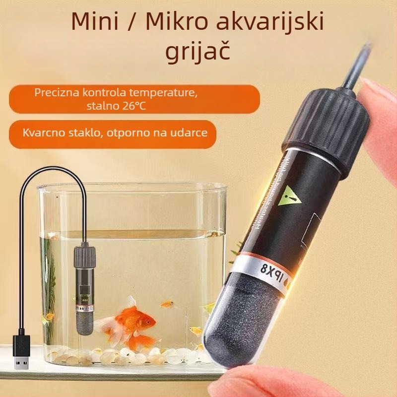 Mini grijaća šipka za akvarij - 10W, kvarcno staklo, Micro USB termostat, automatska kontrola temperature