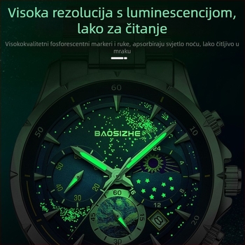 Muški sat sa švicarskim kvarcnim mehanizmom, prikaz lunine faze, kalendar s datumom, svjetleće oznake, vodootpornost 30M