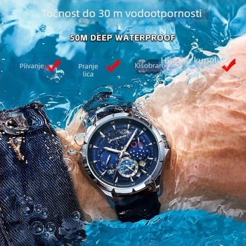 Muški sat sa švicarskim kvarcnim mehanizmom, prikaz lunine faze, kalendar s datumom, svjetleće oznake, vodootpornost 30M