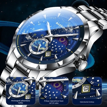 Muški sat sa švicarskim kvarcnim mehanizmom, prikaz lunine faze, kalendar s datumom, svjetleće oznake, vodootpornost 30M