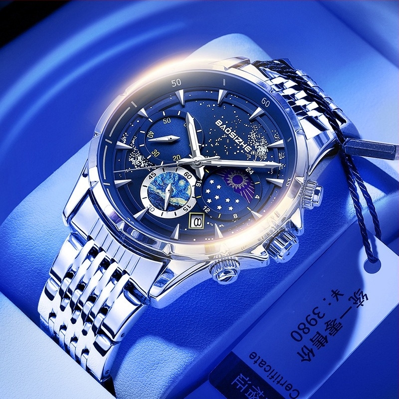 Muški sat sa švicarskim kvarcnim mehanizmom, prikaz lunine faze, kalendar s datumom, svjetleće oznake, vodootpornost 30M