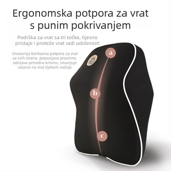 Automobilski podglavnik od memorijske pjene s podrškom za vrat i lumbalnu podršku; unutarnje punjenje bambusovog ugljena memorijske pjene; vanjski materijal poliester; prilagodljivo