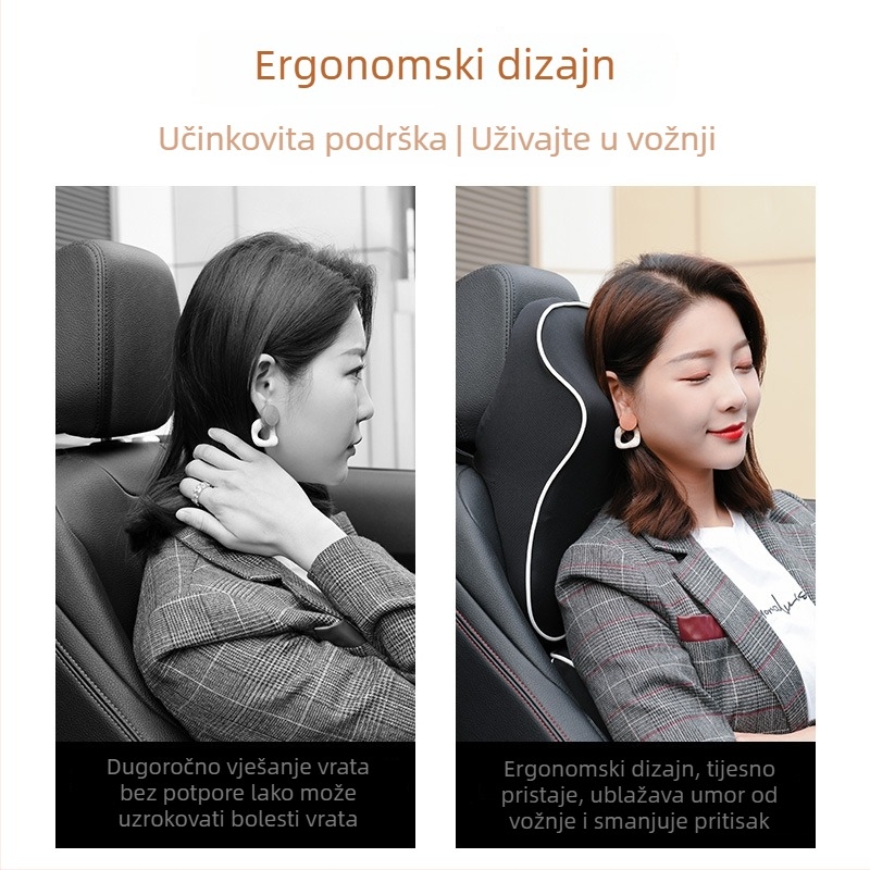 Automobilski podglavnik od memorijske pjene s podrškom za vrat i lumbalnu podršku; unutarnje punjenje bambusovog ugljena memorijske pjene; vanjski materijal poliester; prilagodljivo