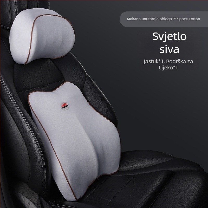 Automobilski podglavnik od memorijske pjene s podrškom za vrat i lumbalnu podršku; unutarnje punjenje bambusovog ugljena memorijske pjene; vanjski materijal poliester; prilagodljivo