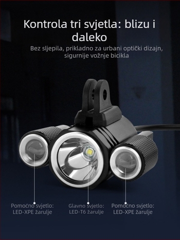 Prednja svjetiljka za planinski bicikl s visokim sjajem trostrukog LED-a, 8,4V, glavni LED T6 i pomoćni XPE