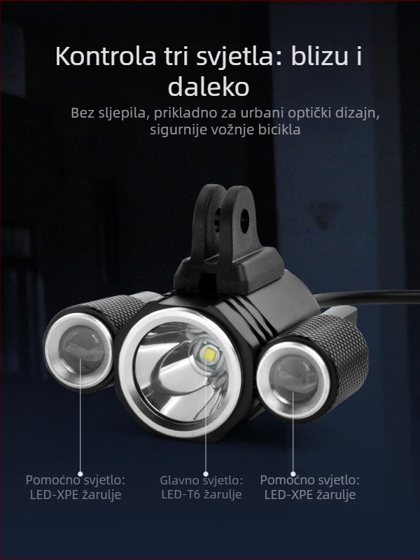 Prednja svjetiljka za planinski bicikl s visokim sjajem trostrukog LED-a, 8,4V, glavni LED T6 i pomoćni XPE