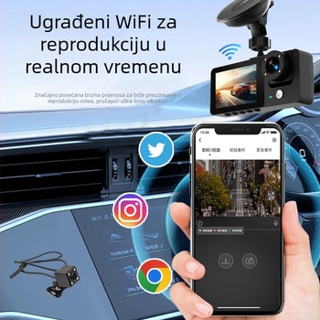 Tro-kamerni auto dash cam s prednjom, unutarnjom i stražnjom kamerom; 1080p, 140° kut snimanja, 2,0-inčni zaslon, 4G povezanost