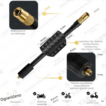 Wanjiu Bakreno-gumeni opleteni adapter za zrakovod — vanjski M6 navoj, okretna brtva, otporan na toplinu, dodatak za napumpavanje guma