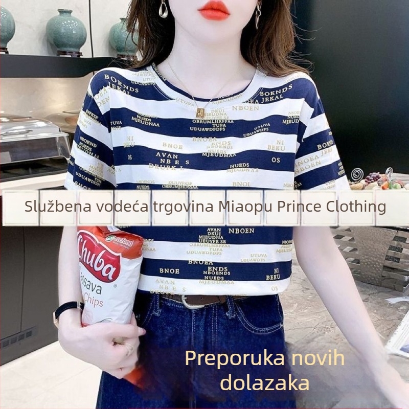 Ženska kratka majica s natpisima i prugama, ljeto 2024, korejski stil, opušten kroj, okrugli izrez