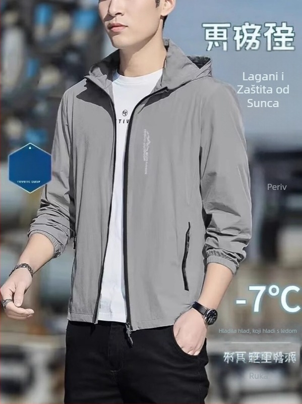 Muška ljetna kapuljača outdoor jakna s zaštitom od sunca, lagana poliester tkanina, pogodna za ribolov i aktivnosti na otvorenom, džepovi na zip, 3D uzorak