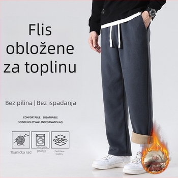 Muške flis sport hlače ravnog kroja, s remenom i vezom, srednji pojas, prozračni poliester