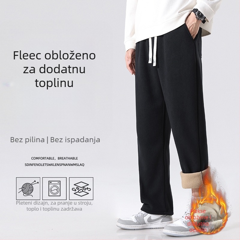 Muške flis sport hlače ravnog kroja, s remenom i vezom, srednji pojas, prozračni poliester
