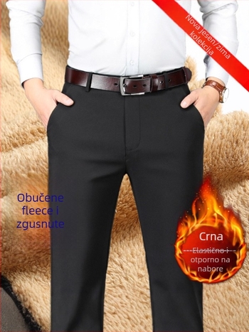 Muške poslovne hlače s flis podstavom, ravni kroj, visok struk, zatvarač, poliester materijal
